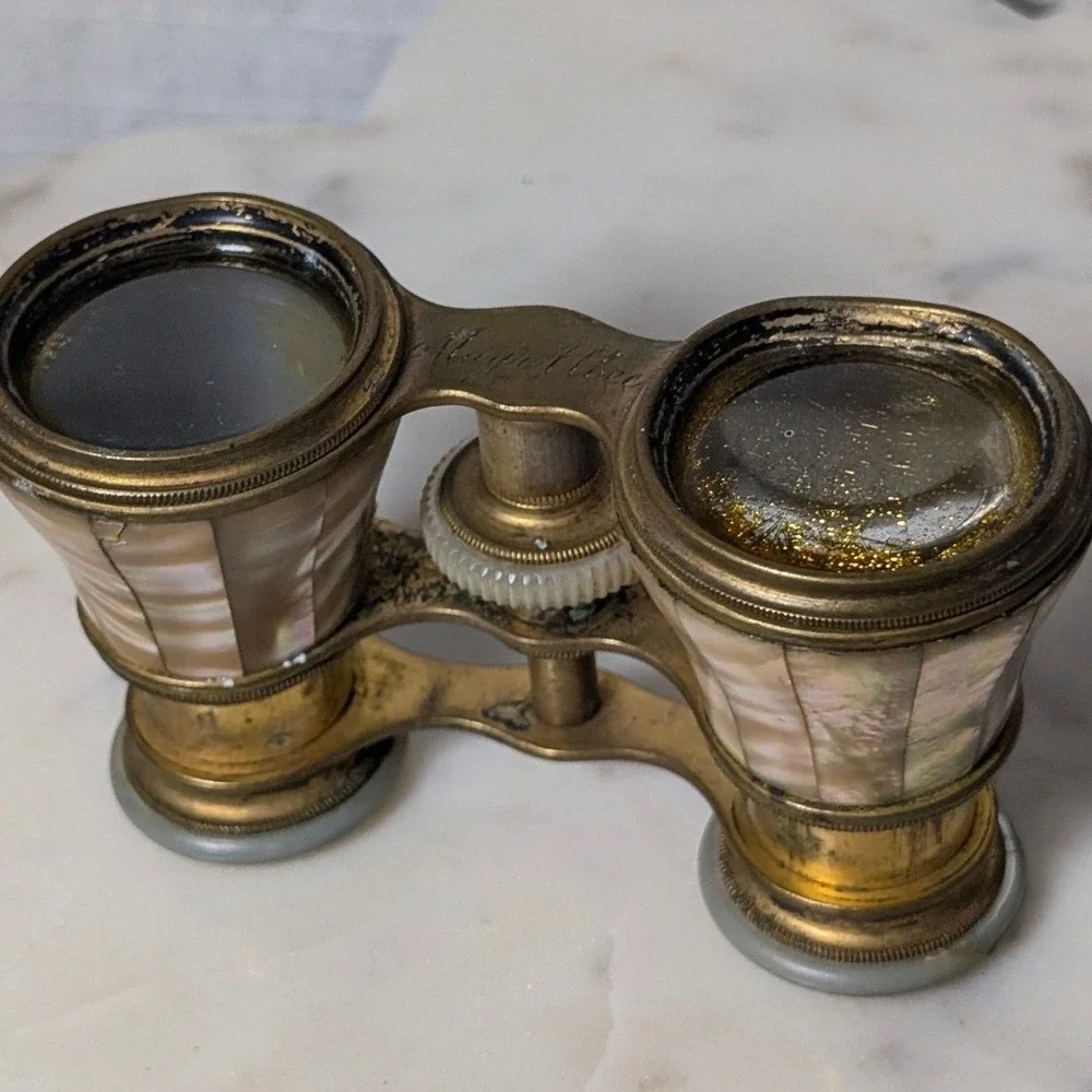 Antique French Mother of Pearl Brass Opera Glasses Le Souverain Paris Binoculars